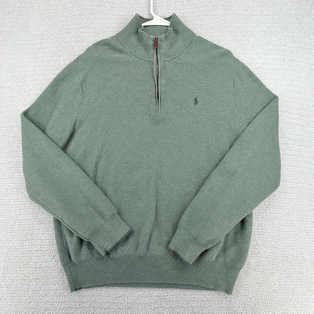 Polo Ralph Lauren Pima Cotton Sweater Mens Large Green 1/4 Zip Textured Knit